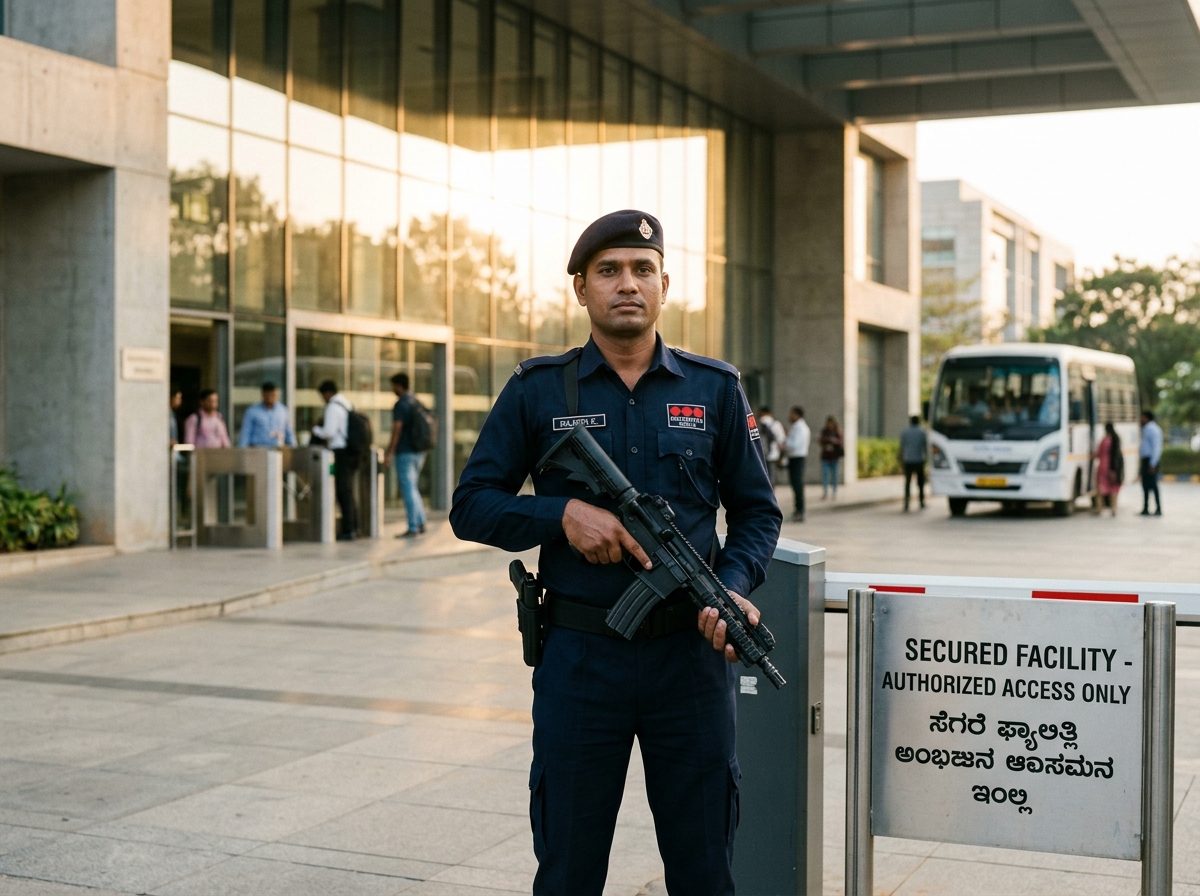 Armed security professional maintaining controlled vigilance at a secured facility checkpoint