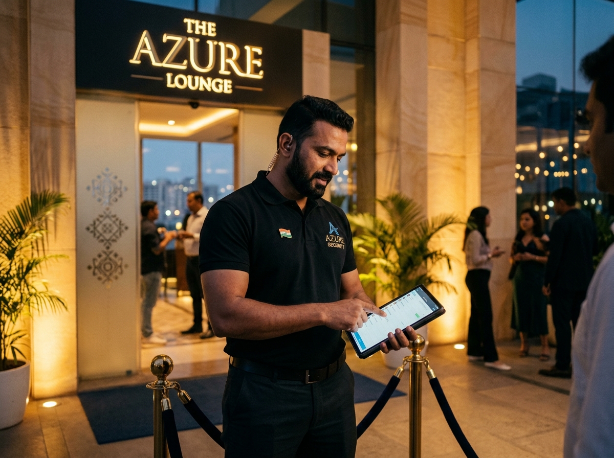 Professional bouncer checking guest list at a premium lounge entrance