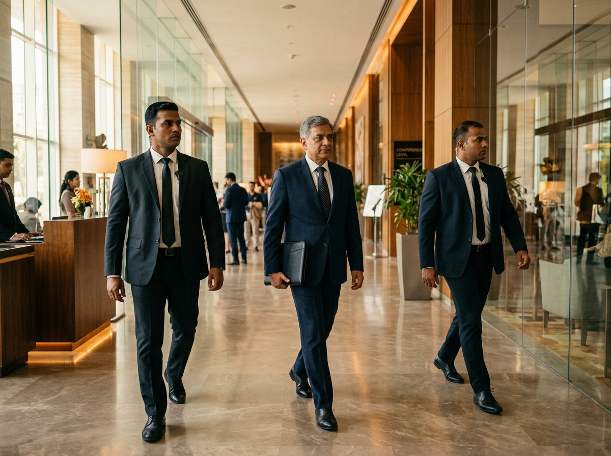Security escort team accompanying a corporate executive through a premium hotel lobby